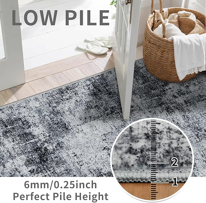 3x10 Washable Runner Rug for Hallway: Non Slip Runners Rugs Easy-to-Clean - Soft Living Room Bedroom Kitchen Carpet - Thin Low Pile Printed Floor Mat for Dining Room Black Grey