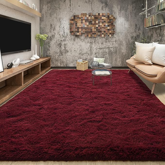 Tepook Area Rugs 9x12 for Living Room, Super Soft Fluffy Rugs for Bedroom, Modern Shaggy Rug Fuzzy Carpets for Kids, Plush Indoor Nursery Home Decor Rug with Non-Slip Bottom, Burgundy Red