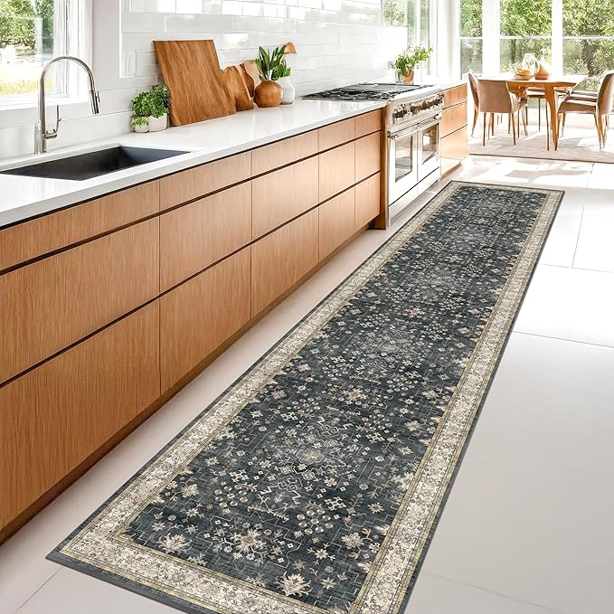 Hazo Haus Black Boho Washable 3x10 Extra Long Hallway Runner Rug, Waterproof Large Kitchen Floor Rug Indoor, Non-Slip Stain & Fade Resistant, Vintage Floral Decor