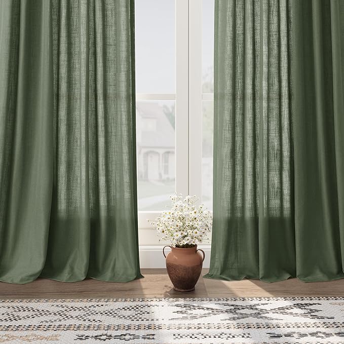 Olive Green Linen Curtains 90 Inch Length 2 Panels Set for Living Room Rod Pocket Back Tab Window Drapes Light Filtering Modern Farmhouse Curtain 90 Inches Long for Dining Room Bedroom 52x90