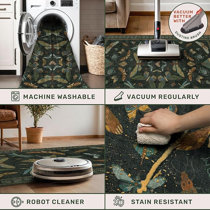 Hazo Haus Dark Green Insect Area Rugs 8x10 for Living Room, Dining Room Under Table, Bedroom, Unique Washable Floral Non Slip Low Pile Soft Rug