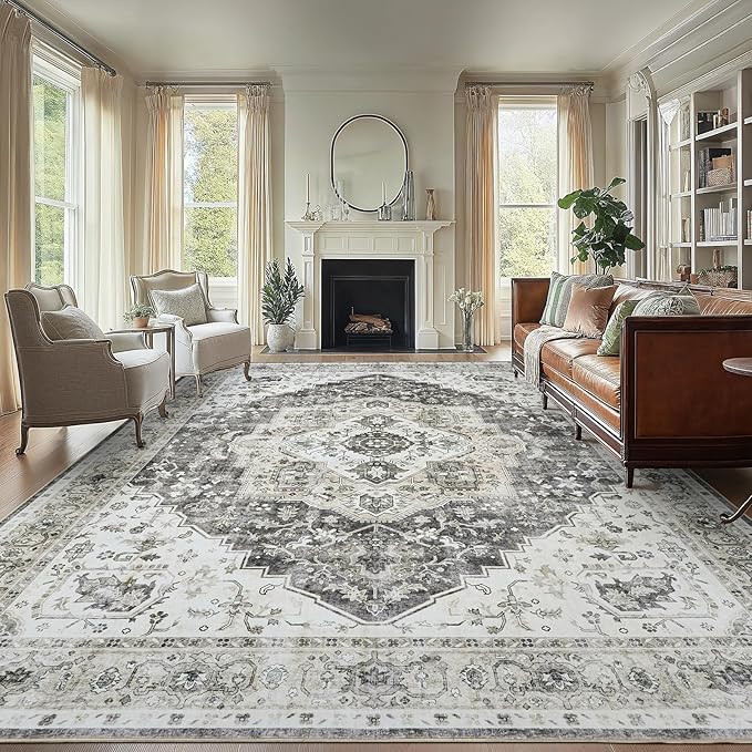 AMADA HOMEFURNISHING 9x12 Area Rug, Washable Low-Profile Large Area Rug with Non-Slip Backing & Durable Edge Binding, Vintage Large Rugs for Living Room, Bedroom