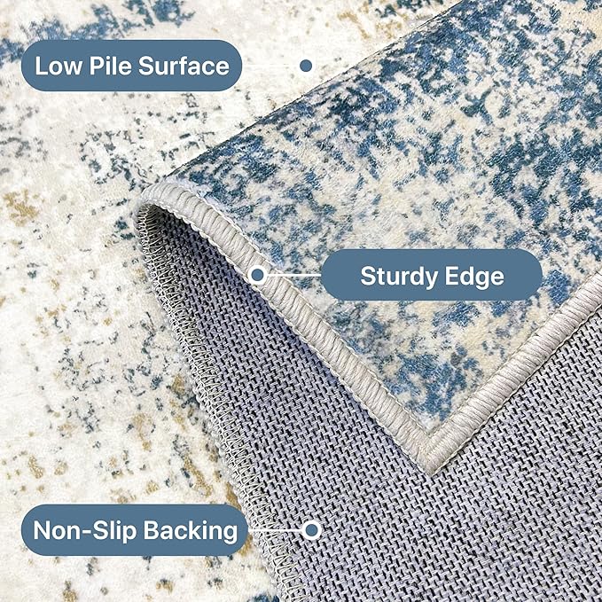 BEIMO Machine Washable Rug 8x10 Area Rugs for Living Room Bedroom, Large Navy Blue Beige Abstract Area Rug Soft Throw Rugs, Low-Pile Floor Carpet with Non Slip Rubber Backing