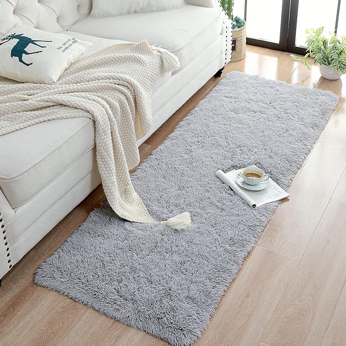 Chicrug Soft Runner Rugs for Bedroom Living Room Plush Fluffy Rug 2x5 Feet, Shag Furry Area Rug Carpet Non Shedding for Nursery Children Kids Girls Room Home Decorative, Grey