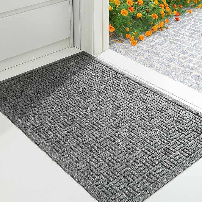 Mibao Front Door Mat Indoor Outdoor Entrance, Dirt Trapping Waterproof All-Season, All-Weather Doormat, Non-Slip Durable Natural Rubber Low Profile Easy Clean Patio Entrance Mat, 36" x 24", Grey