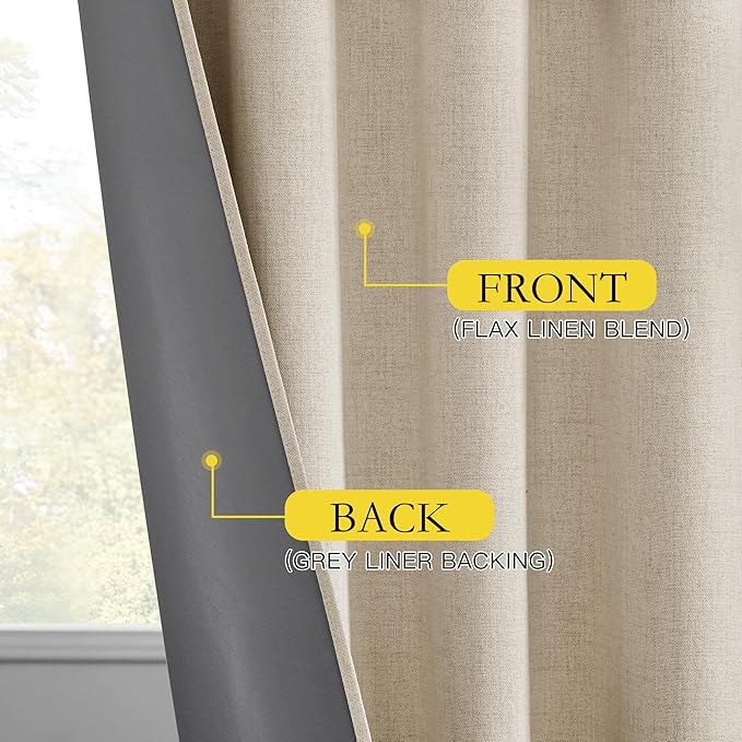 NICETOWN Cream 100% Blackout Short Curtains 63 inches Lenghth Burg for Kitchen, 2 Panels, Burlap Linen Drapes with Thermal Insulated Grey Liner, Keeping Out Cold Air and Heat Panels
