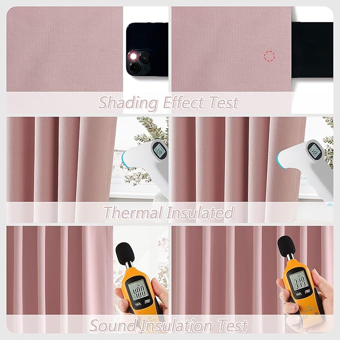 Guken 100% Blackout Linen Curtains 90 Inch 2 Panels Set for Girl's Bedroom, Living Room, Nursery, Back Tab Thermal Insulated Black Out Drapes Room Darkening, Pink