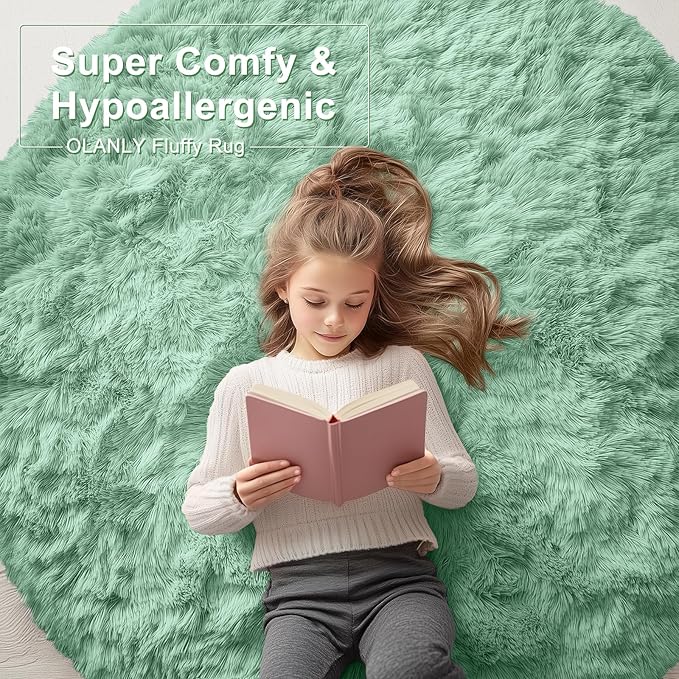 OLANLY Mint Green Round Rugs for Bedroom - Machine Washable, 2 ft Circle Area Rugs for Living Room, Soft and Fluffy Shaggy Carpet for Teen Girls and Boys, Nursery Rooms, Dorms, Home Decor Aesthetic