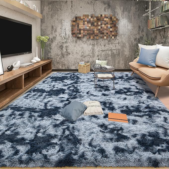 Tepook Fluffy Large Rugs for Living Room, Area Rug 6x9 Soft Carpet for Bedroom, Modern Shaggy Rug for Kids Boys Girls, Plush Indoor Nursery Home Decor Rug with Non-Slip Bottom, Tie-dye Dark Blue