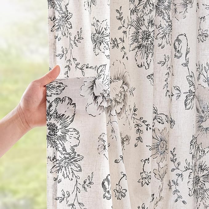 jinchan Linen Blend Curtain Floral Curtains for Living Room 102 Inch Length Black Printed Curtain Rod Pocket Back Tab Farmhouse Peony Flower Patterned Drapes Bedroom Window Curtains Set 2 Panels