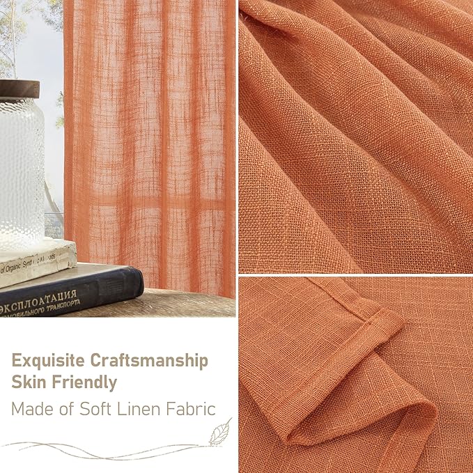 LAMIT Burnt Orange 78 inch Linen Curtains for Living Room 2 Panels, Linen Textured Light Filtering Semi Sheer Back Tab and Rod Pocket Panels for Bedroom/Farmhouse, 52 x 78 Inch