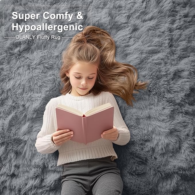OLANLY 6x7 Area Rugs for Living Room Bedroom, Machine Washable Soft Fluffy Shaggy Bedside Rug, Indoor Floor Carpet for Kids Girls and Boys, Dorms, Nursery Rooms, Home Decor Aesthetic, Grey