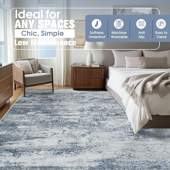 9x12 Area Rugs for Living Room Washable: Abstract Large Rug for Dining Room Bedroom Carpet Non Slip 9 by 12 Indoor Modern Nursery Home Office Blue Grey