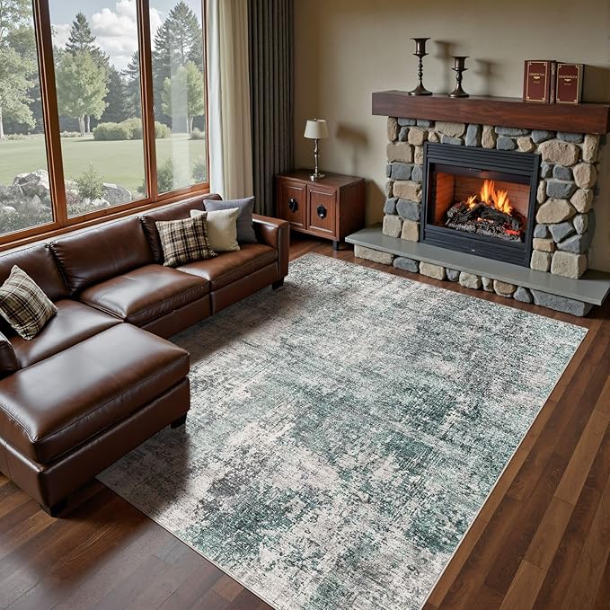 UERMEI 9x12 Area Rug Living Room Rugs - Washable Neutral Modern Abstract Soft Thin Large Rug Indoor Floor No Slip Rug Carpet for Bedroom Under Dining Table Home Office Decor - Green/Grey