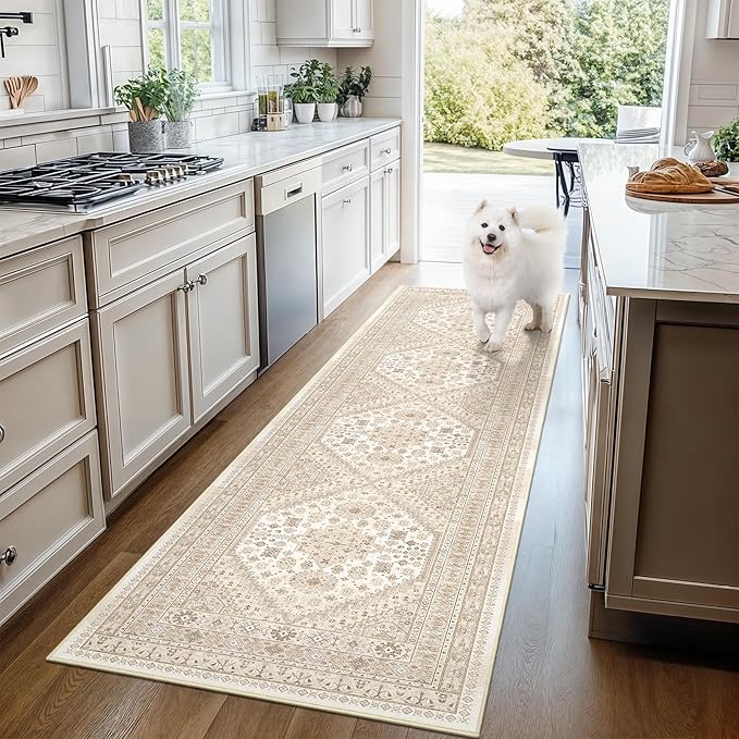 Hallway Runner Rug 2x12, Extra Long Washable Runner Rugs with Rubber Backing, Non Slip Runner, Vintage Rug Runners for Kitchen Laundry Room Entryway (Cream/Beige,2'x12')