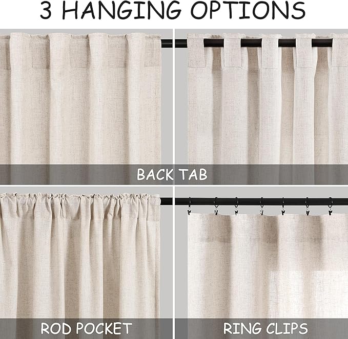 Beige Large Window Curtains Light Filtering Semi Sheer Privacy Linen Textured Curtain for Patio Sliding Glass Door Extra Wide Rustic Farmhouse Drapes for Living Room Bedroom Sunroom 100x90 Inch