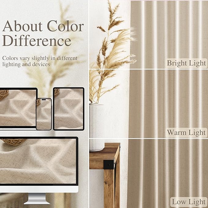Nanspring Grey Flax Linen Curtains 102 Inches Long for Living Room Light Filtering Mordern Boho Sheer Curtains Back Tab and Rod Pocket Neutral Curtain for Bedroom Office 52x102, 2 Panels