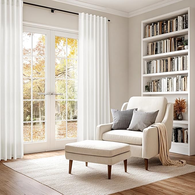 Nanspring Beige White Linen Curtains for Living Room 95 Inches Long Back Tab and Rod Pocket Light Filtering Semi Sheer Curtain Rustic Farmhouse Decor Luxury Drapes for Bedroom Office 52x95, 2 Panels