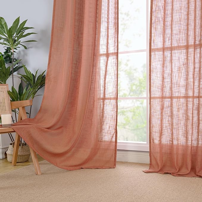 LAMIT Terracotta 72 inch Linen Curtains for Living Room 2 Panels, Linen Textured Light Filtering Semi Sheer Back Tab and Rod Pocket Window Curtain Panels for Bedroom/Farmhouse, 52 x 72 Inch