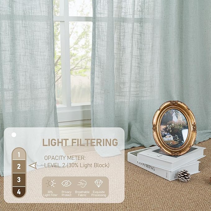LAMIT 54 Inch Semi Sheer Window Linen Curtains, Light Filtering Panels Back Tab and Rod Pocket Neutral Drapes for Bedroom/Living Room, Greyish Blue, 2 Panels, 34 x 54 Inch