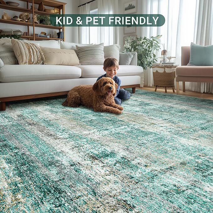LEPEII 6x9 Area Rugs, Washable Modern Abstract Area Rugs for Living Room, Indoor Neutral Area Rug for Bedroom, Dining Room, Low Pile Non-Slip Non Shedding Rugs-Green
