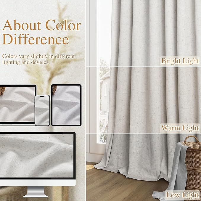 Guken 108 Inch Long Natural 100% Blackout Curtains for Living Room Bedroom Back Tab Thermal Insulated Netural Farmhouse Black Out Linen Drapes Room Darkening Window Curtain 2 Panels Set, 9 FT
