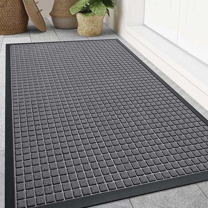 Smiry Front Door Mat Outside Entrance, Heavy Duty Natural Rubber Doormat, Non Slip, Trap Dirt and Moisture, Easy Clean, Low Profile Welcome Floor Mats for Indoor Outdoor Entry, 59x34 Inch, Grey