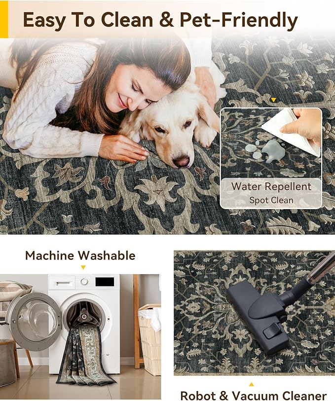 Area Rugs 4'x6' Washable Non-Slip, Floral Vintage Distress Print Pattern Medallion Carpet for Living Room Bedroom Dining Room, Vintage Black Brown Neutral