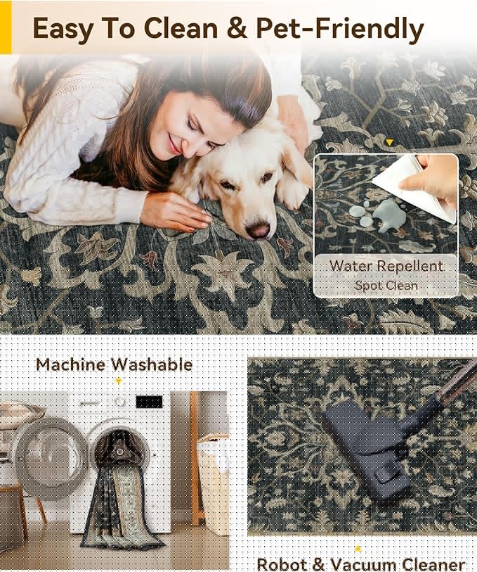 RELEANY Area Rugs 2'x6' Runner Rug Non Slip Washable for Kitchen Hallway Bedroom Beside Laundry Room Bathroom Rug, Floor Carpet, Vintage Black Brown Neutral