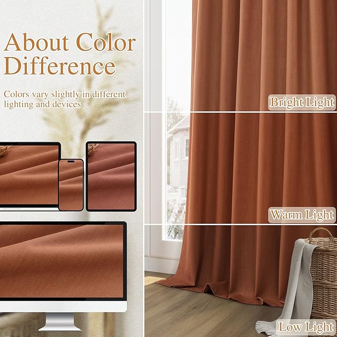 Guken Terracotta 100% Blackout Curtains 84 Inch Length 2 Panels Set Fall Curtains for Living Room Bedroom Back Tab Thermal Insulated Black Out Linen Drapes，52x84