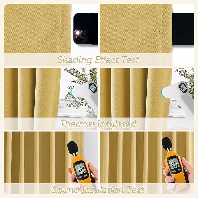 Guken 100% Blackout Curtains 63 Inch Length 2 Panels Set for Living Room Bedroom Back Tab Thermal Insulated Black Out Linen Drapes Room Darkening Window Curtains 63 Inches Long,Gold