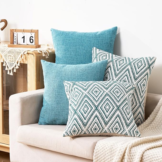 HPUK Decorative Throw Pillow Covers Set of 4 Geometric Design Linen Cushion Cover for Couch Sofa Living Room, 20"x20" inches, Aqua Blue