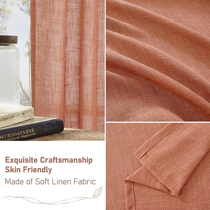 LAMIT Terracotta Linen Boho Curtains 80 inch Length, Light Filtering Semi Sheer Panels Back Tab and Rod Pocket Neutral Panels for Bedroom/Living Room, 52 x 80 Inch