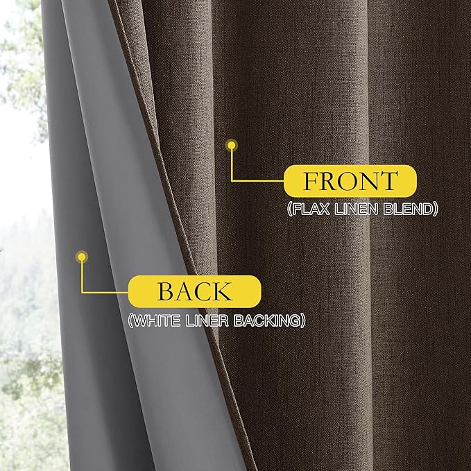 NICETOWN Coffee Vintage Linen 100% Blackout Curtains for Playroom, Thermal Insulated Curtains 72" Long, Noise Reducing Window Treatment Drapes for Laundry Room, 62" Wide Per Panel, Set of 2