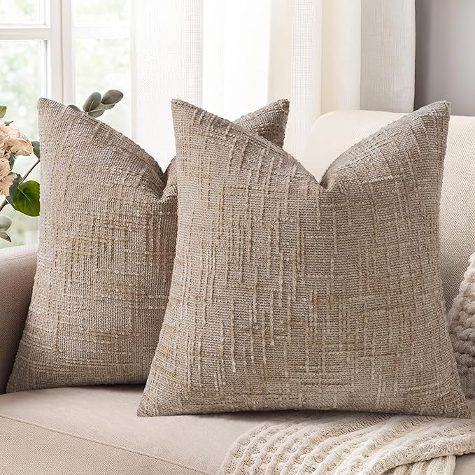 decorUhome Oatmeal Chenille Throw Pillow Covers 16x16 Set of 2 Textured Soft Cozy Slubby Couch Pillow Covers Modern Farmhouse Boho Decorative Pillow Cases for Bed Sofa Living Room