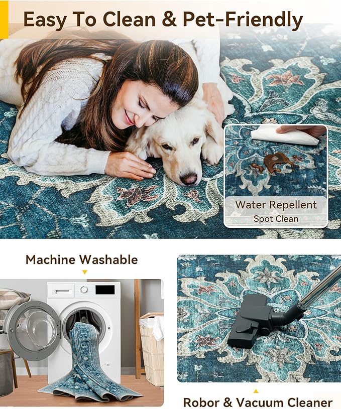 Area Rugs 5'x7' Washable Non-Slip, Floral Vintage Distress Print Pattern Medallion Carpet for Living Room Bedroom Dining Room, Teal Green Lake Blue Turquoise