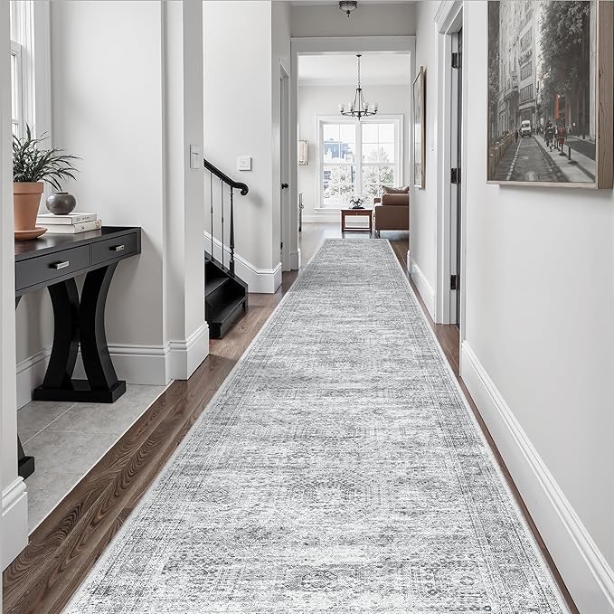Hallway Runner Rug 3x16 - Vintage Non Slip Washable 16ft Kitchen Runner for Entrance Soft Long Carpet Runners for Living Room Bedroom Dining Room, Grey