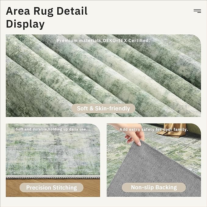 Soalmost Washable Runner Rug, 2'6" x 8' Non-Slip Kitchen Vintage Foldable 2.5x8ft Hallway Runners for Entryway, Laundry, Bedroom, Green/Ivory