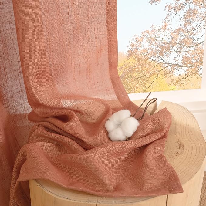 BGment Terracotta Linen Curtains 54 Inch Length for Short Living Room, Semi Sheer Burnt Orange Drapes Boho Rustic for Bedroom Decor with Rod Pocket Lightweight, 2 Panels Set, Each 42 Inch Wide