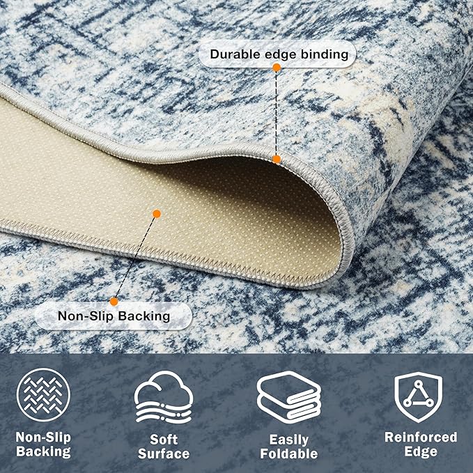 6x9 Area Rugs for Living Room Washable Rug: Anti-Skid Abstract Modern Living Room Rug Soft Thin Carpets Indoor Floor Non-Shedding Carpet for Bedroom Dining Farmhouse Nursery Home Office Blue Gold