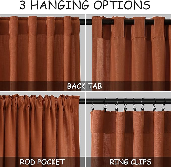 Nanspring Terracotta Semi Sheer Curtains 72 Inches Long 2 Panels Set for Bedroom Back Tab Rod Pocket Light Filtering Drapes Cotton Linen Textured Brick Burnt Orange Living Room Curtain 52X72 Inch