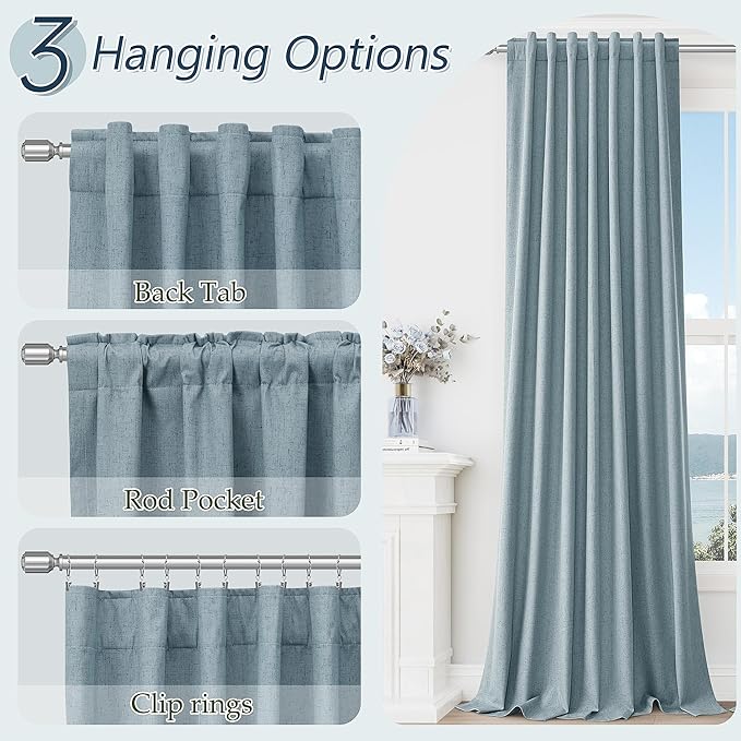 Guken Blue 100% Blackout Linen Curtains 120 Inch Length 2 Panels Set for Living Room Bedroom Back Tab Rod Pocket Thermal Insulated Black Out Drapes Room Darkening Farmhouse Window Curtains 52x120