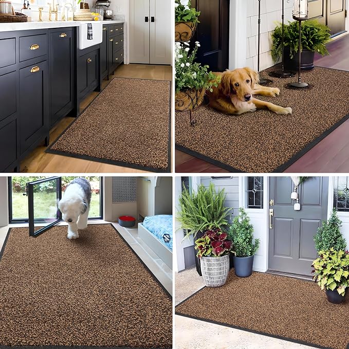 Mibao Front Door Mat, Dirt Trapper Welcome Mat for Outdoor Indoor, Non-Slip Waterproof Doormat, Durable Machine Washable Low Profile Entry Rug for Back Door Outside Patio Porch, 60" x 36", Brown