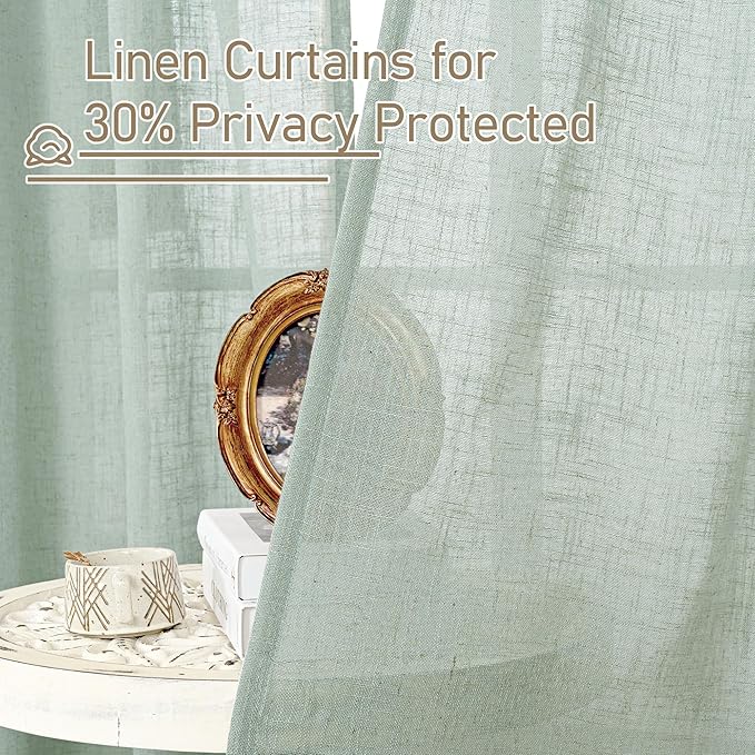 LAMIT Short Linen Window Curtains 30 Inches Long 2 Panels, Light Sage Semi Sheer Light Filtering Panels Back Tab and Rod Pocket Neutral Drapes for Basement/Small Windows, 34 x 30 Inch