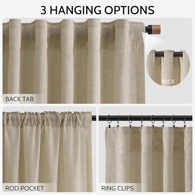 Eggshell Beige Linen Curtains 80 Inch Length for Living Room Light Filtering Semi Sheer Curtain Back Tab Rustic Farmhouse Decor Burlap Luxury Boho Drapes for Bedroom Dinner Room 52x80, 2 Panels