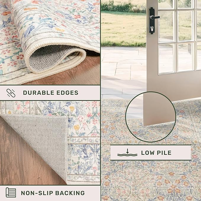 Hazo Haus Floral 3x8 Wide Hallway Runner - Beige Blue with Lilic Accent, Boho Forest Decor, Washable Low Pile Non Slip Stain Resistant Rug for Long Kitchen, Large Bathroom, Hall Way