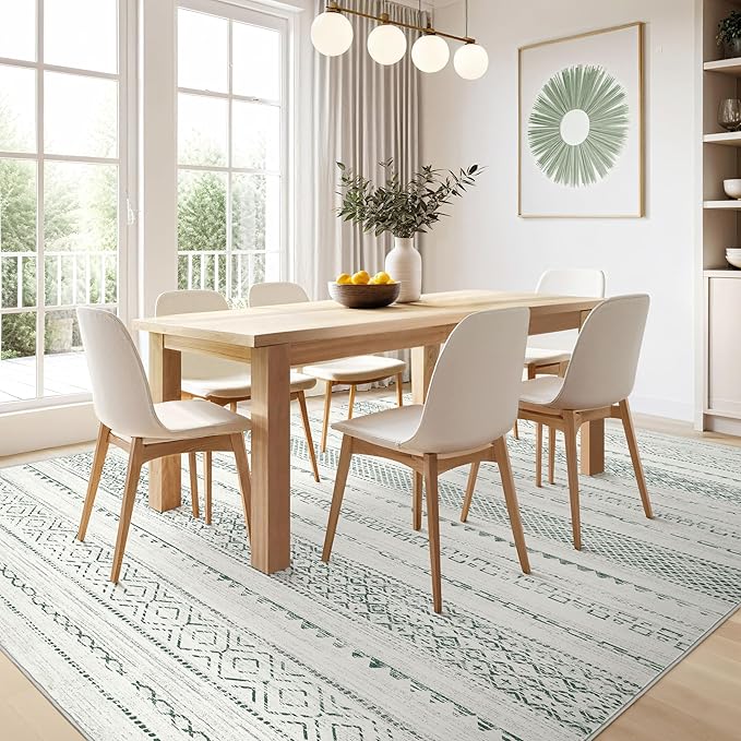 Nakagishi Green Rug Living Room 5x7: Washable Boho Large Neutral Farmhouse Soft Area Rugs Modern Stain Resistant Moroccan Indoor Non Slip Floor Carpet for Bedroom Nursery Kids Playroom Office