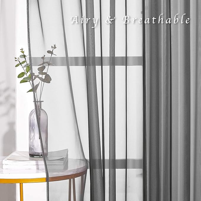 NICETOWN Sheer Curtains 120" Extra Long Voile Texture, Grommet Top Soft Voile Texture Window Draperies Lightweight & Airy Panels for Living Room/Bedroom, 108" Wide Total 2 Pieces, Dark Grey