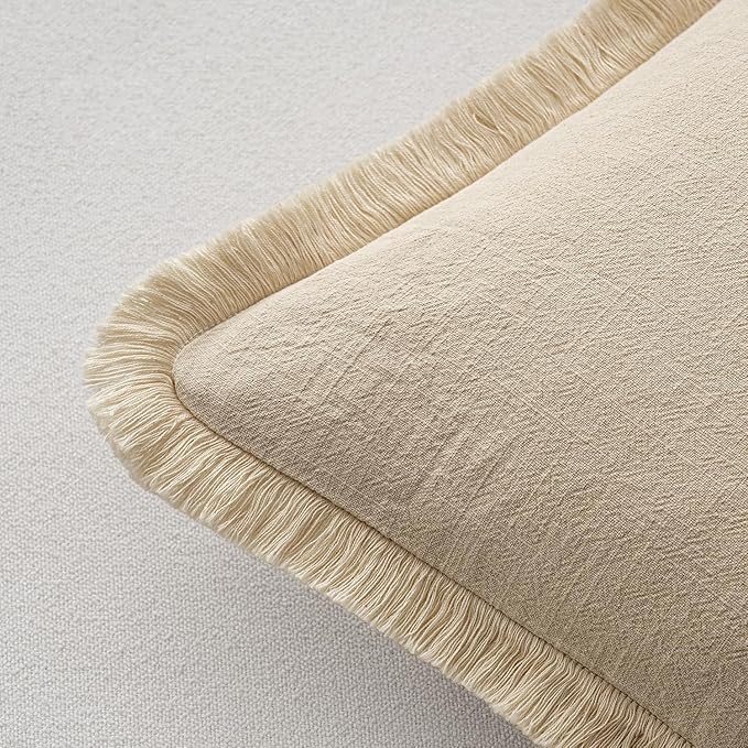 MIULEE Decorative Throw Pillow Covers Neutral Linen Fringe Throw Pillows Set of 2 Beige Boho Farmhouse Cushion Covers with Tassels for Couch Sofa Bed Living Room Spring Home Decor 20x20 Inch