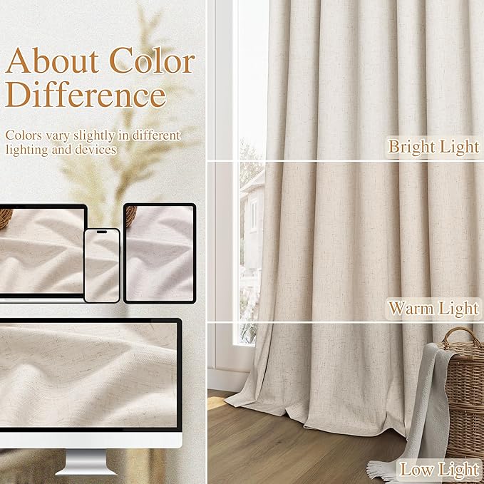 Guken 100% Blackout Linen Curtains 132 Inch Length 2 Panels Set for Living Room Bedroom Back Tab Thermal Insulated Black Out Drapes Room Darkening Farmhouse Style for Bedroom Window Curtains 52x132